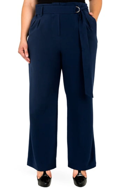 Shop Standards & Practices Franchesca Belted Straight Leg Paper Bag Pants In Navy