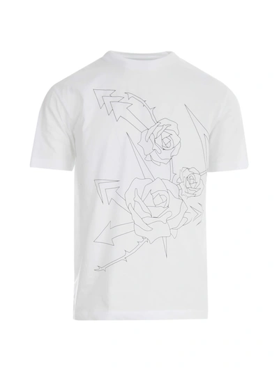 Shop Les Hommes Crew Neck T-shirt W/roses Printing In White