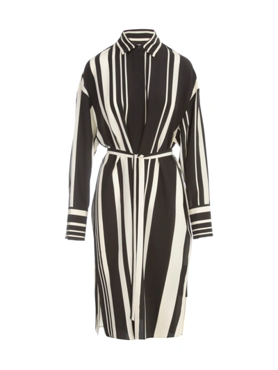 Shop Joseph Duras Silk Stripes Midi Dress In Grey Black
