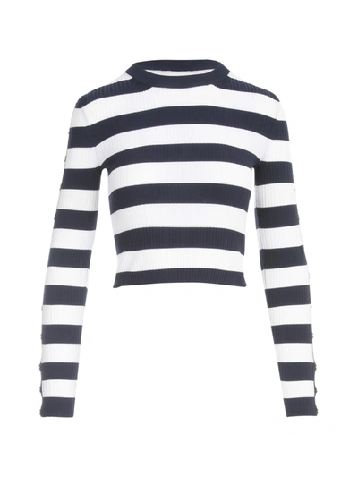 Shop Michael Michael Kors Stripe Sweater W/snap Sleeves In Mdntbl Wht