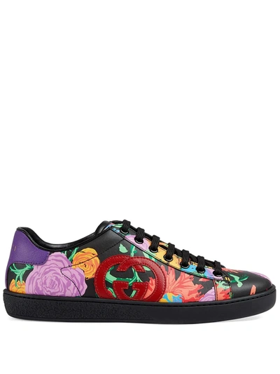 Gucci Ken Scott Print Women's Ace Sneaker In Black Leather