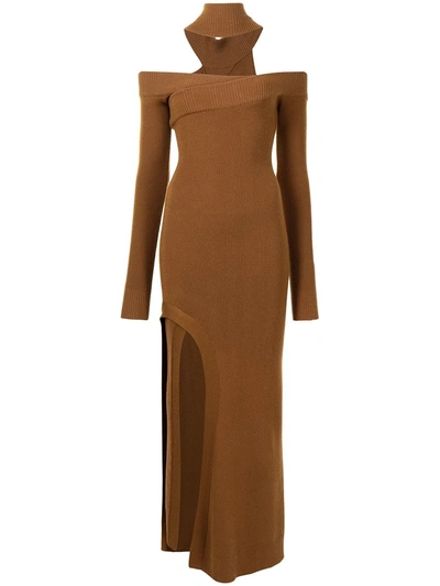 Shop Monse Off-shoulder Turtleneck Arch Dress In Brown