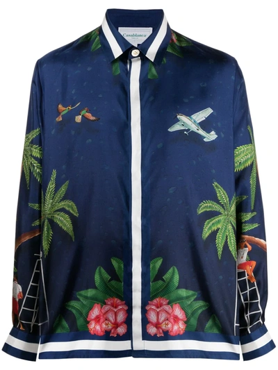 Shop Casablanca Surf Club-print Silk Shirt In Blue