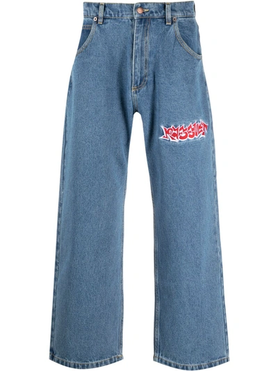 Shop Paccbet Embroidered Wide-leg Jeans In Blue