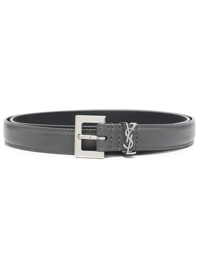 Shop Saint Laurent Monogram Leather Buckle Belt In Grey