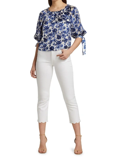 Shop Alice And Olivia Alta Puff-sleeve Printed Top In Forget Me Not