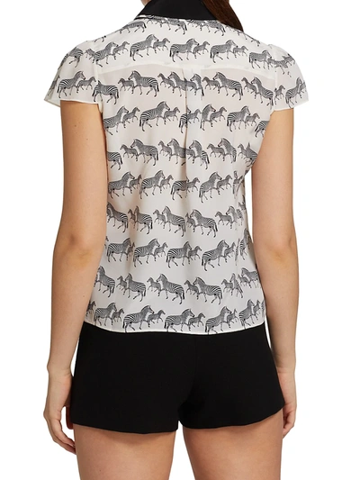 Shop Alice And Olivia Latrina Zebra Print Silk Collared Top In Zebra Stride