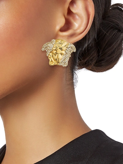 Shop Versace Women's Palazzo Medusa Crystal-embellished Stud Earrings In Gold Silver