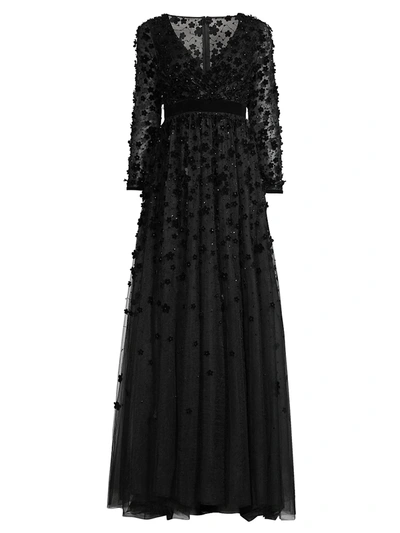 Shop Mac Duggal Women's Velvet Floral Appliqué Sequin A-line Gown In Black