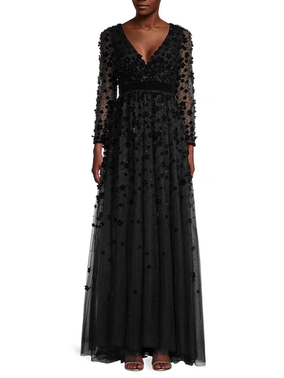 Shop Mac Duggal Women's Velvet Floral Appliqué Sequin A-line Gown In Black
