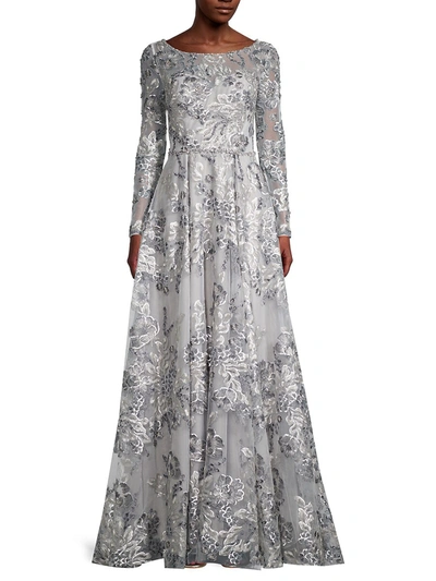 Shop Mac Duggal Women's Metallic Sequin Floral Embroidery A-line Gown In Platinum