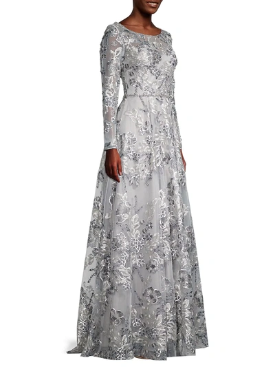 Shop Mac Duggal Women's Metallic Sequin Floral Embroidery A-line Gown In Platinum
