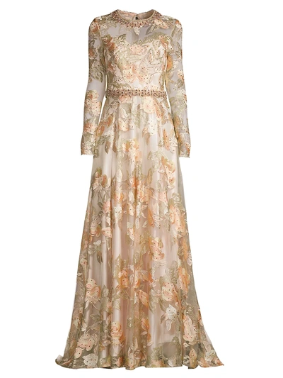 Shop Mac Duggal Women's Iridescent Floral Lace A-line Gown In Peach Romance