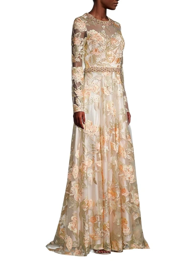 Shop Mac Duggal Women's Iridescent Floral Lace A-line Gown In Peach Romance
