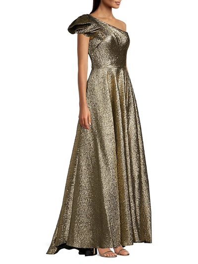 Shop Mac Duggal Asymmetric Metallic Pleated Ball Gown In Antique Brass