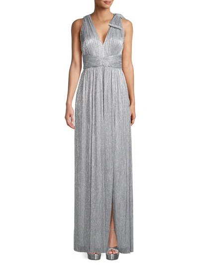 Shop Aidan Mattox Metallic V-neck Pleated Mesh Gown In Silver