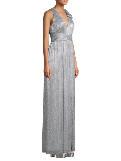 Shop Aidan Mattox Metallic V-neck Pleated Mesh Gown In Silver