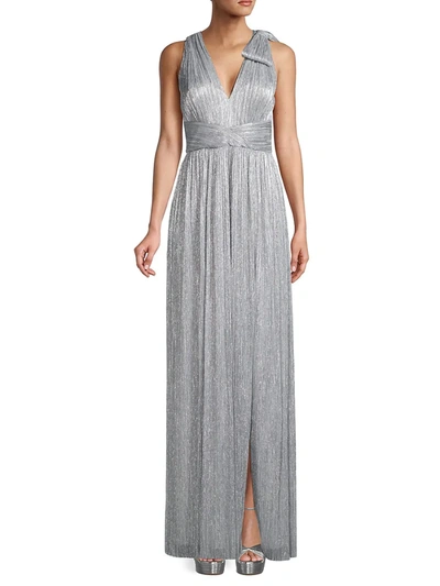 Shop Aidan Mattox Metallic V-neck Pleated Mesh Gown In Silver