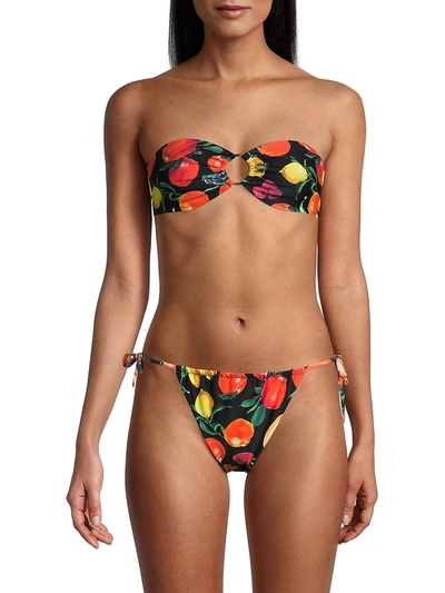 Shop Weworewhat Fruit-print Ruched String Bikini Bottom In Black Multi