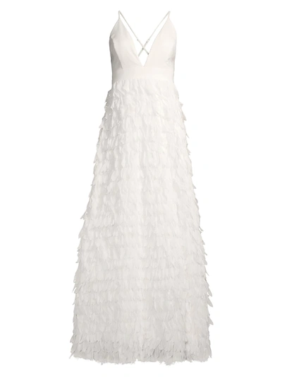 Shop Aidan Mattox Plunging Tiered Feathered Gown In Ivory