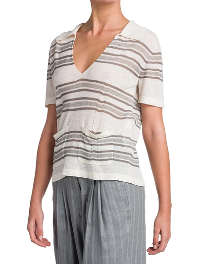 Shop Giorgio Armani Women's Striped V-neck Sweater With Pockets In Ivory Grey