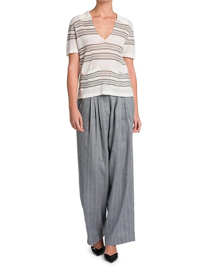Shop Giorgio Armani Women's Striped V-neck Sweater With Pockets In Ivory Grey