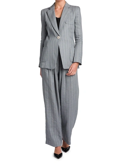 Shop Giorgio Armani Women's Striped Linen-blend Jacket In Grey Blue