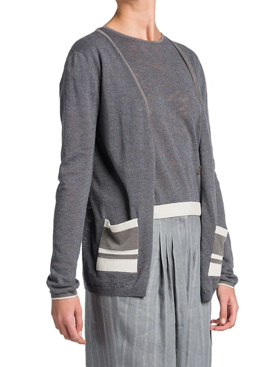 Shop Giorgio Armani Striped-pocket Silk & Linen-blend Cardigan In Charcoal