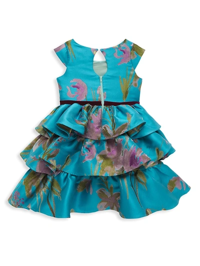 Shop Marchesa Notte Little Girl's Cap Sleeve Printed Brocade Tiered Dress In Aqua