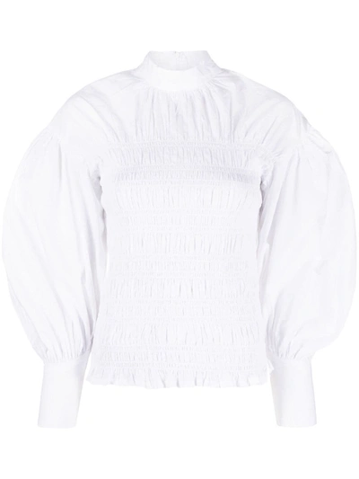Shop Ganni Puff-sleeve Poplin Blouse In White