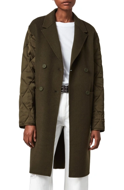 Shop Allsaints Florence Quilted Sleeve Double Breasted Wool Coat In Khaki Green