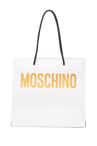 Shop Moschino Logo Tote Bag In White With Gold Logo