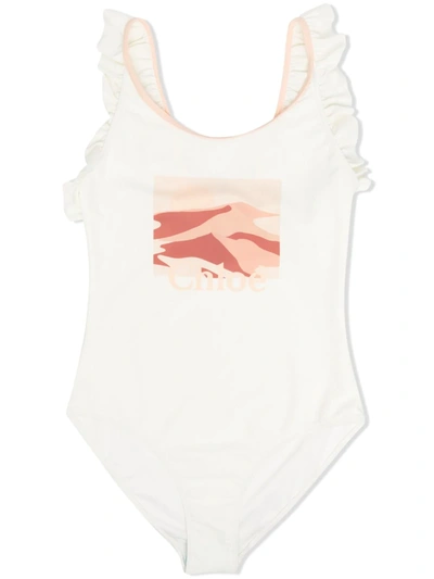 Shop Chloé Teen Logo-print Swimsuit In Neutrals
