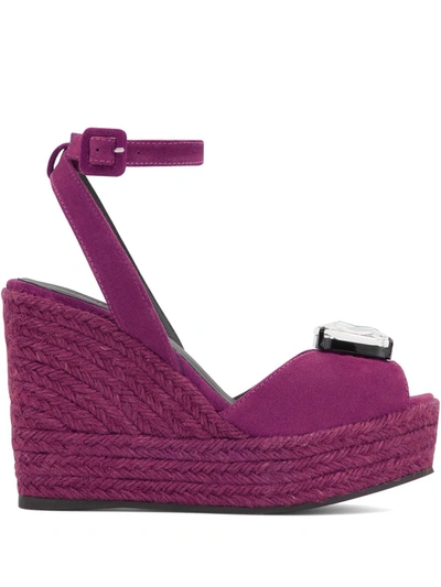 Shop Giuseppe Zanotti Aina Woven-wicker Crystal-embellished Sandals In Purple