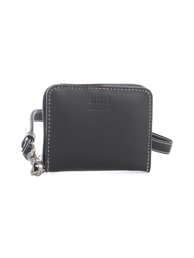 Shop Ami Alexandre Mattiussi Compact Wallet W/leather Strap Smooth Vegetable Leather In Black