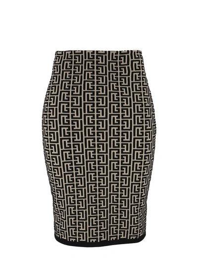 Shop Balmain Bicolor Jacquard Knit Skirt In Black/ivory