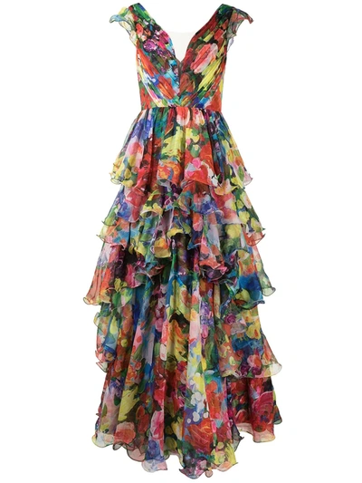 Shop Marchesa Notte Sleeveless V-neck Tiered Gown In Multicolour