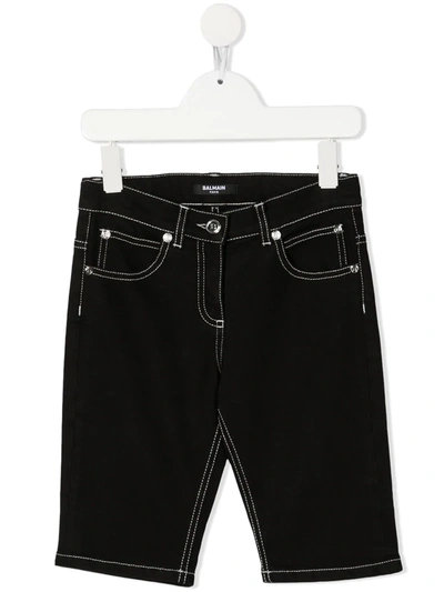 Shop Balmain Logo-embroidered Denim Shorts In Black
