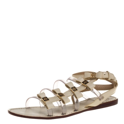 Pre-owned Tory Burch Cream Leather And Pvc Gladiator Flat Sandals Size 38