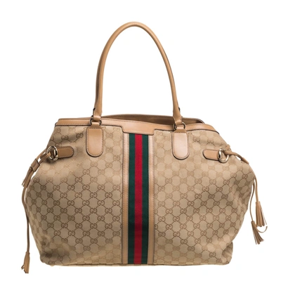 Pre-owned Gucci Beige Gg Canvas And Leather Web Tote