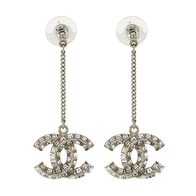 Pre-owned Chanel Silver Tone Crystal Cc Dangle Earrings