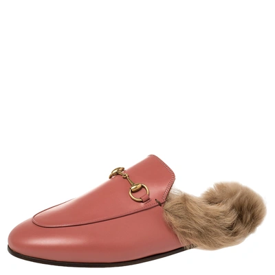 Pre-owned Gucci Pink Leather And Fur Princetown Horsebit Flat Mules Size 39