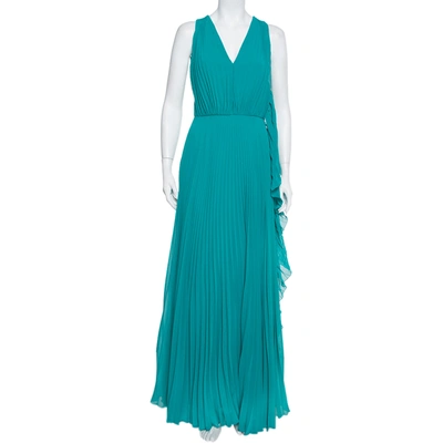 Pre-owned Max Mara Turquoise Green Pleated Georgette Ailello Maxi Dress M