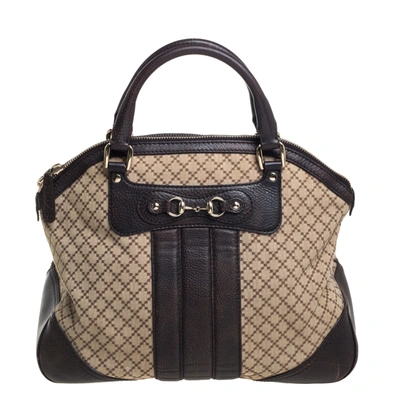 Pre-owned Gucci Beige/brown Diamante Canvas And Leather Large Horsebit Catherine Satchel