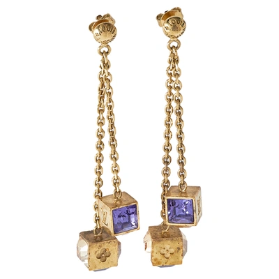 Pre-owned Louis Vuitton Gamble Crystal Gold Tone Dangle Earrings