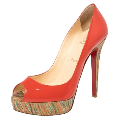 Pre-owned Christian Louboutin Red Patent Leather And Cork Lady Peep Toe Platform Pumps Size 38.5