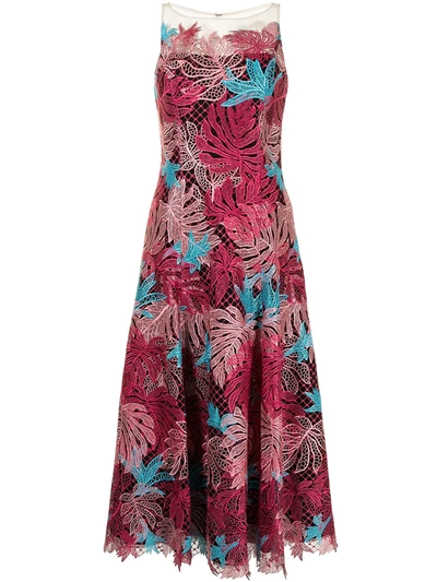 Shop Marchesa Notte Leaf-embroidery Sleeveless Dress In Red