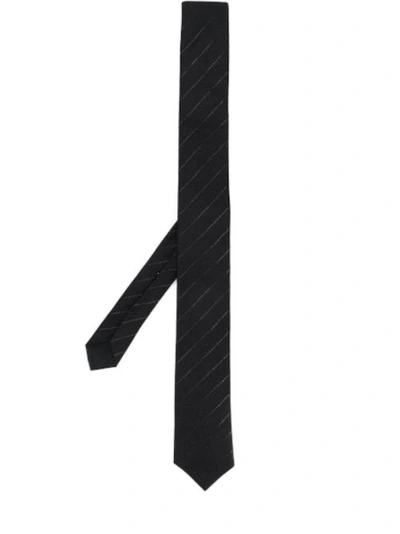 Shop Saint Laurent Narrow Tie In Silk Jacquard With Lurex Stripes In Black