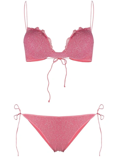 Shop Oseree Ruffle-trim Glitter Bikini In Pink