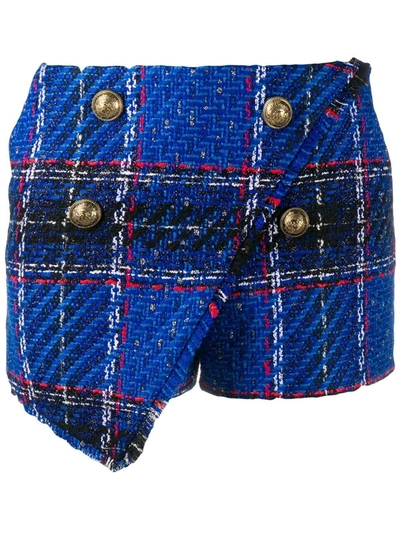 Shop Balmain Asymmetrical Blue Tartan Tweed Shorts
